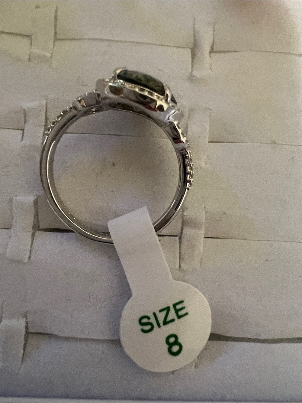 Silver Ring with Olive Green Center Stone and Pavé Accents - Picture 2 of 2